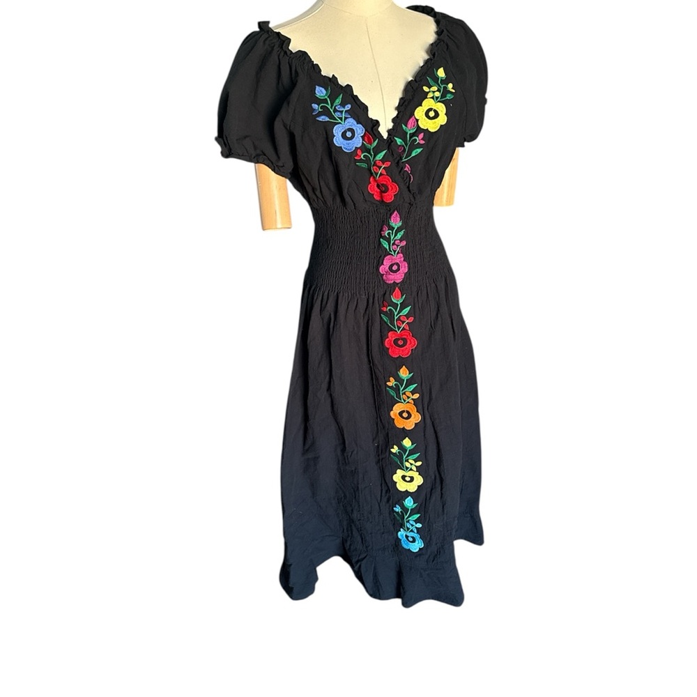 Floral Embroidered Black Midi Dress